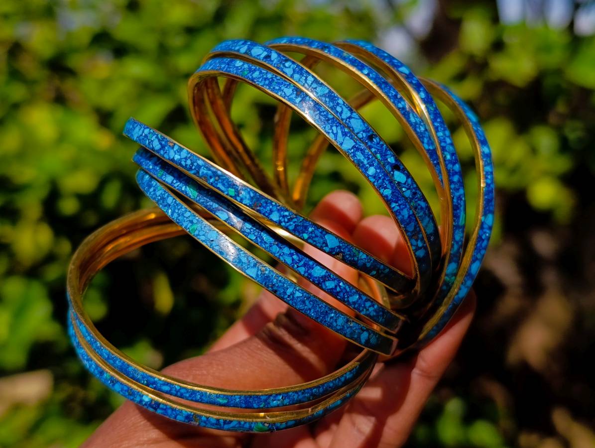Hand Made Chrysocolla and Malachite Conglomerate Brass Bangles - Sold per Item - From Congo - Toprock Gemstones and Minerals 