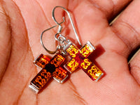 Hand Made Baltic Amber Cross Carved Earrings In Sterling Silver - Sold Per Pair - From Poland