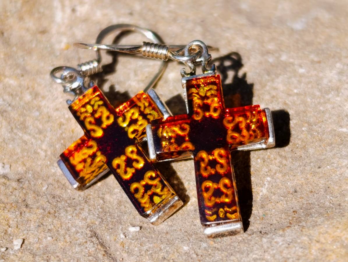 Hand Made Baltic Amber Cross Carved Earrings In Sterling Silver - Sold Per Pair - From Poland - Toprock Gemstones and Minerals 
