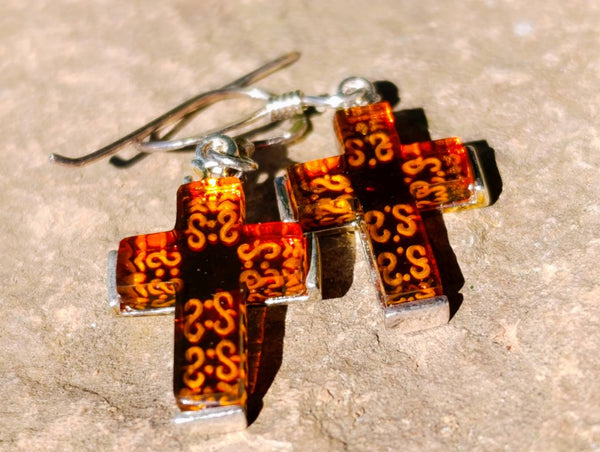Hand Made Baltic Amber Cross Carved Earrings In Sterling Silver - Sold Per Pair - From Poland