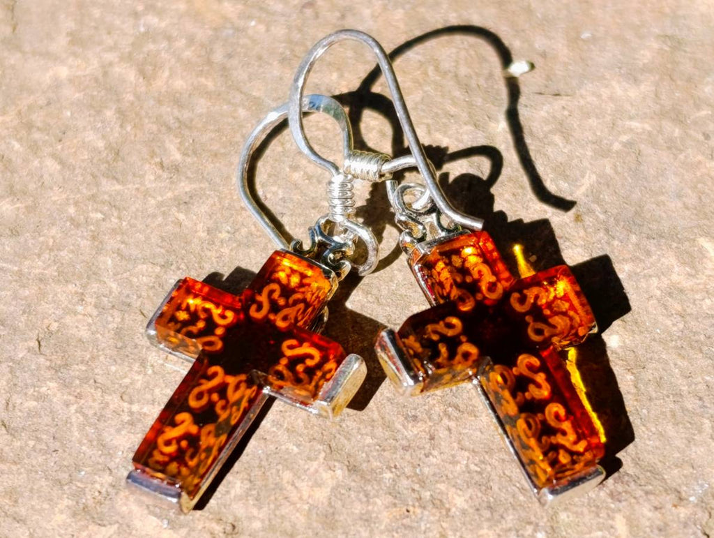 Hand Made Baltic Amber Cross Carved Earrings In Sterling Silver - Sold Per Pair - From Poland - Toprock Gemstones and Minerals 