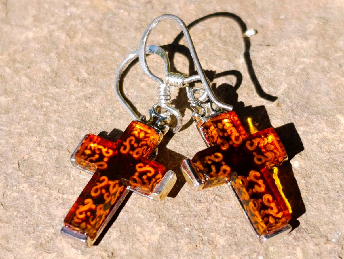 Hand Made Baltic Amber Cross Carved Earrings In Sterling Silver - Sold Per Pair - From Poland - Toprock Gemstones and Minerals 