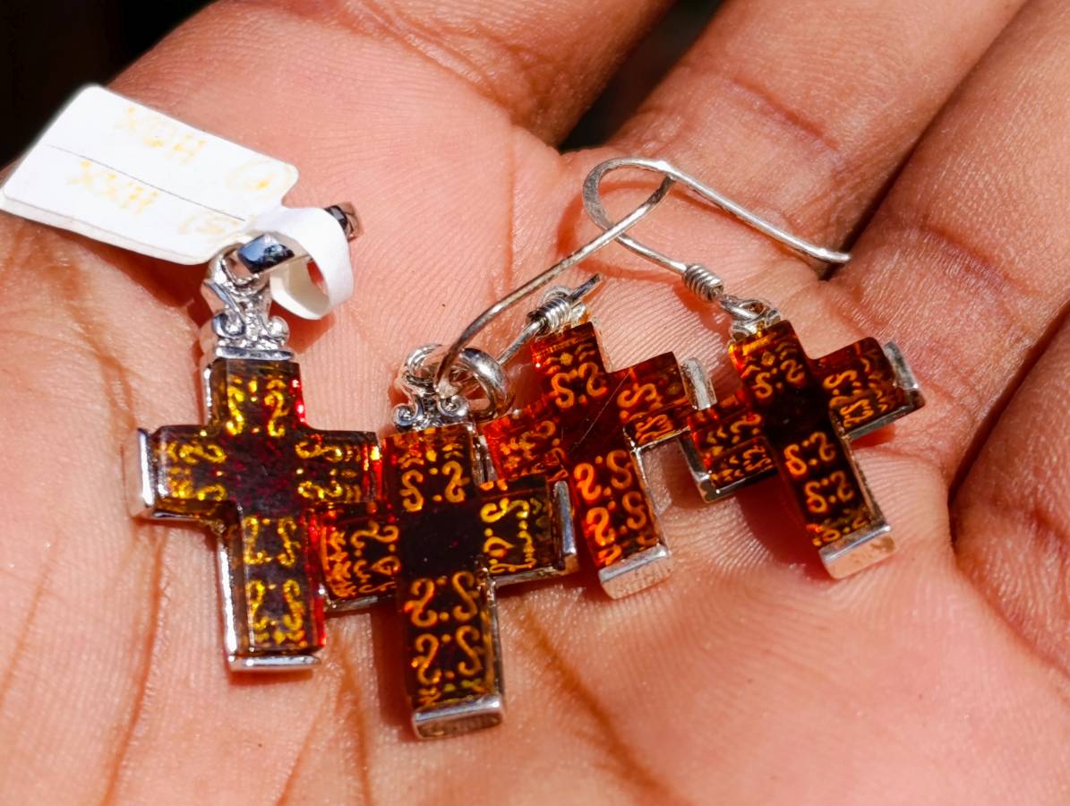 Hand Made Baltic Amber Cross Earring and Pendant Set In Sterling Silver - Sold Per Set - From Poland - Toprock Gemstones and Minerals 