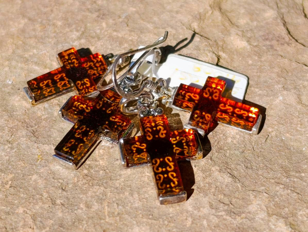 Hand Made Baltic Amber Cross Earring and Pendant Set In Sterling Silver - Sold Per Set - From Poland - Toprock Gemstones and Minerals 