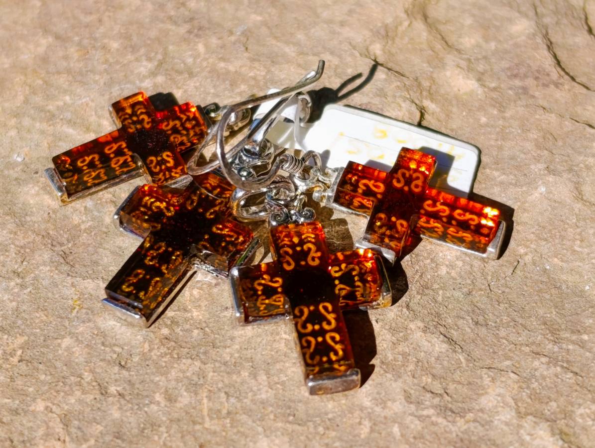 Hand Made Baltic Amber Cross Earring and Pendant Set In Sterling Silver - Sold Per Set - From Poland - Toprock Gemstones and Minerals 