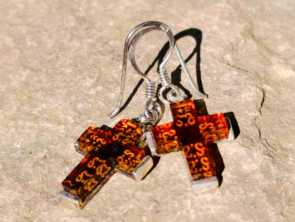 Hand Made Baltic Amber Cross Earring and Pendant Set In Sterling Silver - Sold Per Set - From Poland