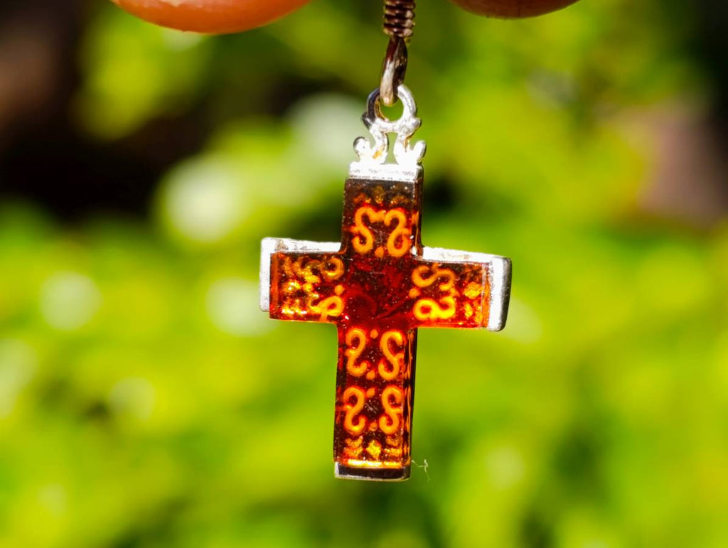 Hand Made Baltic Amber Cross Earring and Pendant Set In Sterling Silver - Sold Per Set - From Poland - Toprock Gemstones and Minerals 