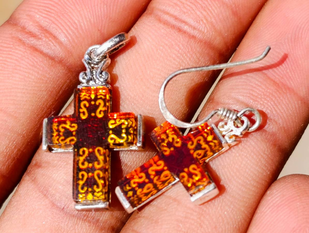 Hand Made Baltic Amber Cross Earring and Pendant Set In Sterling Silver - Sold Per Set - From Poland - Toprock Gemstones and Minerals 