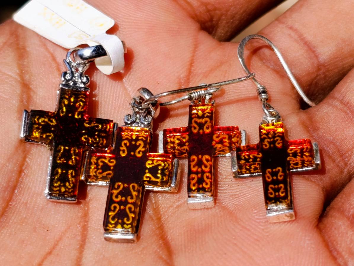 Hand Made Baltic Amber Cross Earring and Pendant Set In Sterling Silver - Sold Per Set - From Poland - Toprock Gemstones and Minerals 