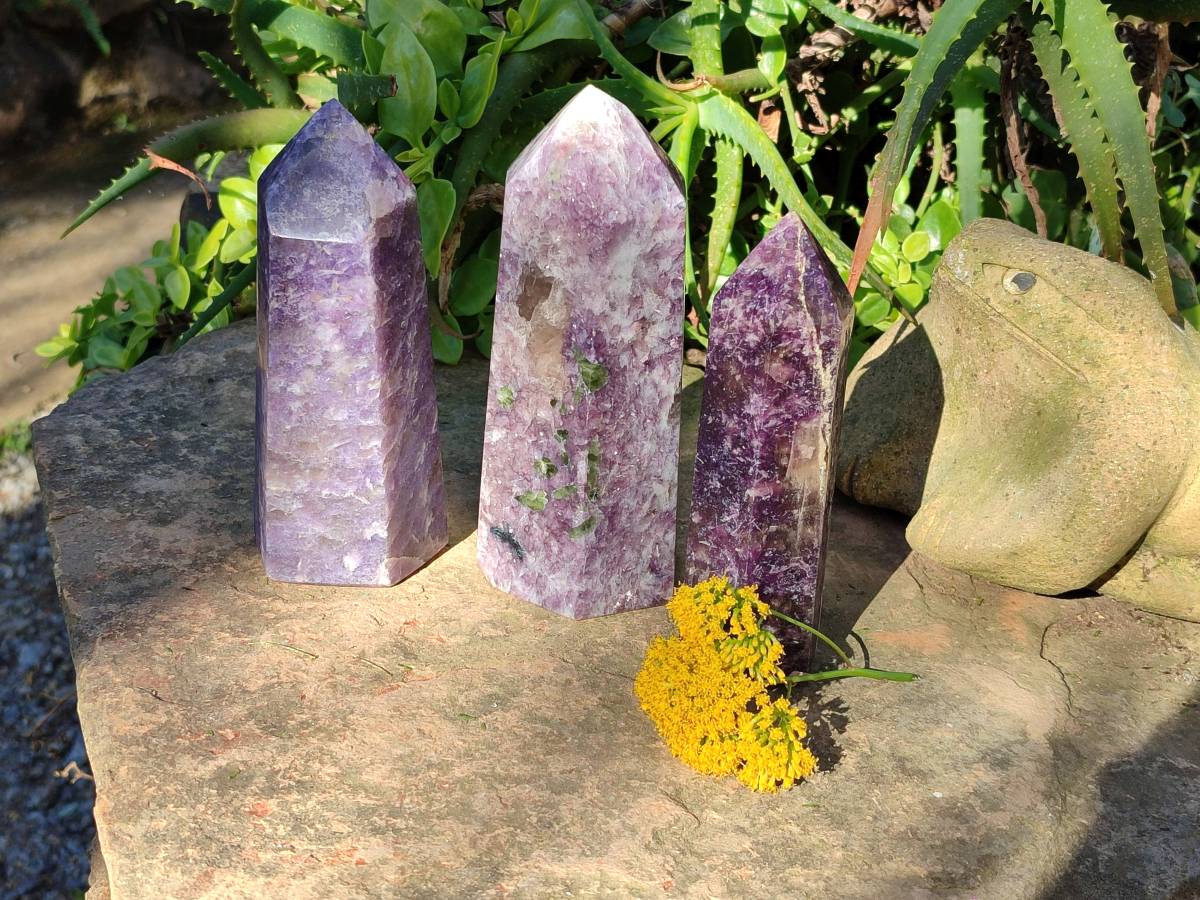 Polished Lepidolite with Pink Rubellite Points x 3 From Ambatondrazaka, Madagascar - Toprock Gemstones and Minerals 