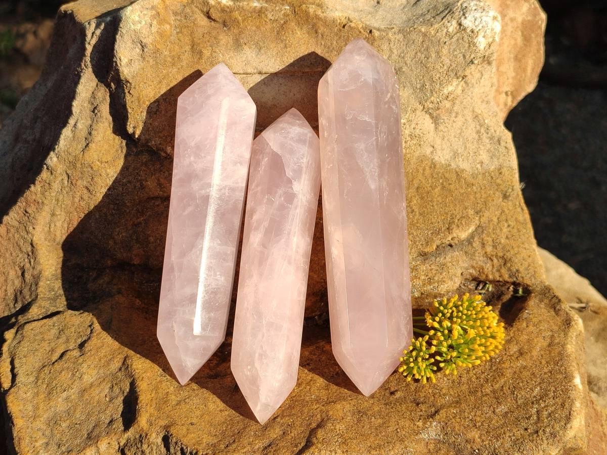 Polished Double Terminated Rose Quartz Points x 6 Madagascar - Toprock Gemstones and Minerals 