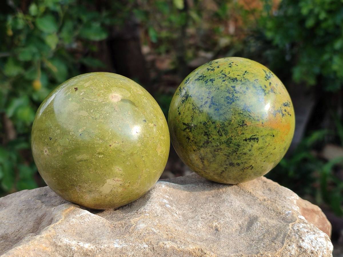 Polished Green Opal Spheres x 3 From Betroka, Madagascar - Toprock Gemstones and Minerals 