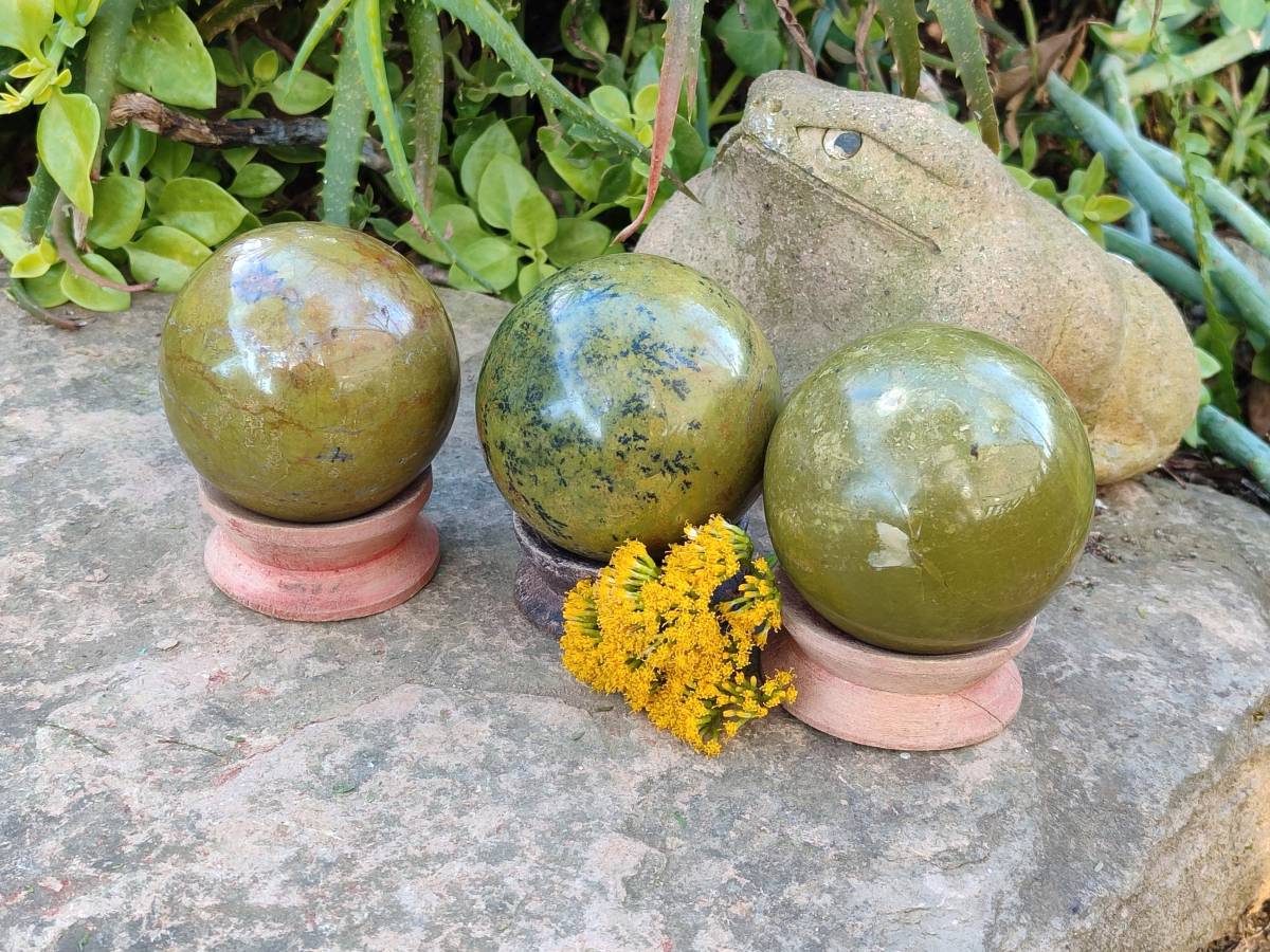 Polished Green Opal Spheres x 3 From Betroka, Madagascar - Toprock Gemstones and Minerals 