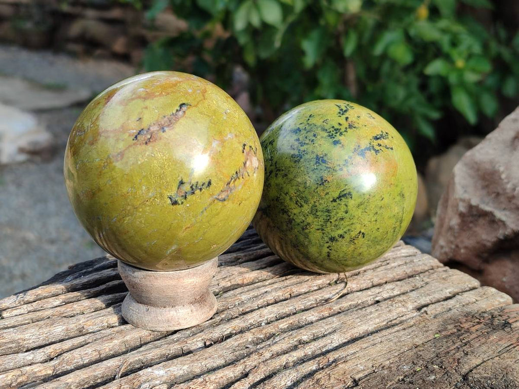 Polished Green Opal Spheres x 3 From Betroka, Madagascar - Toprock Gemstones and Minerals 