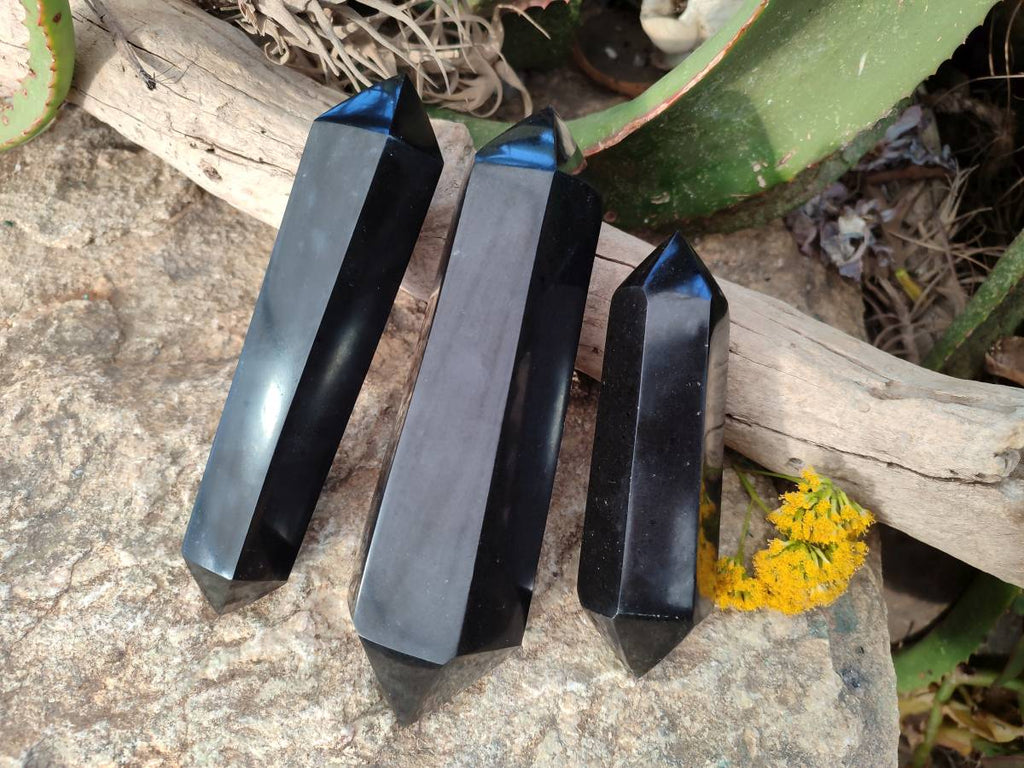 Polished Double Terminated Black Basalt Points x 3 From Madagascar - Toprock Gemstones and Minerals 