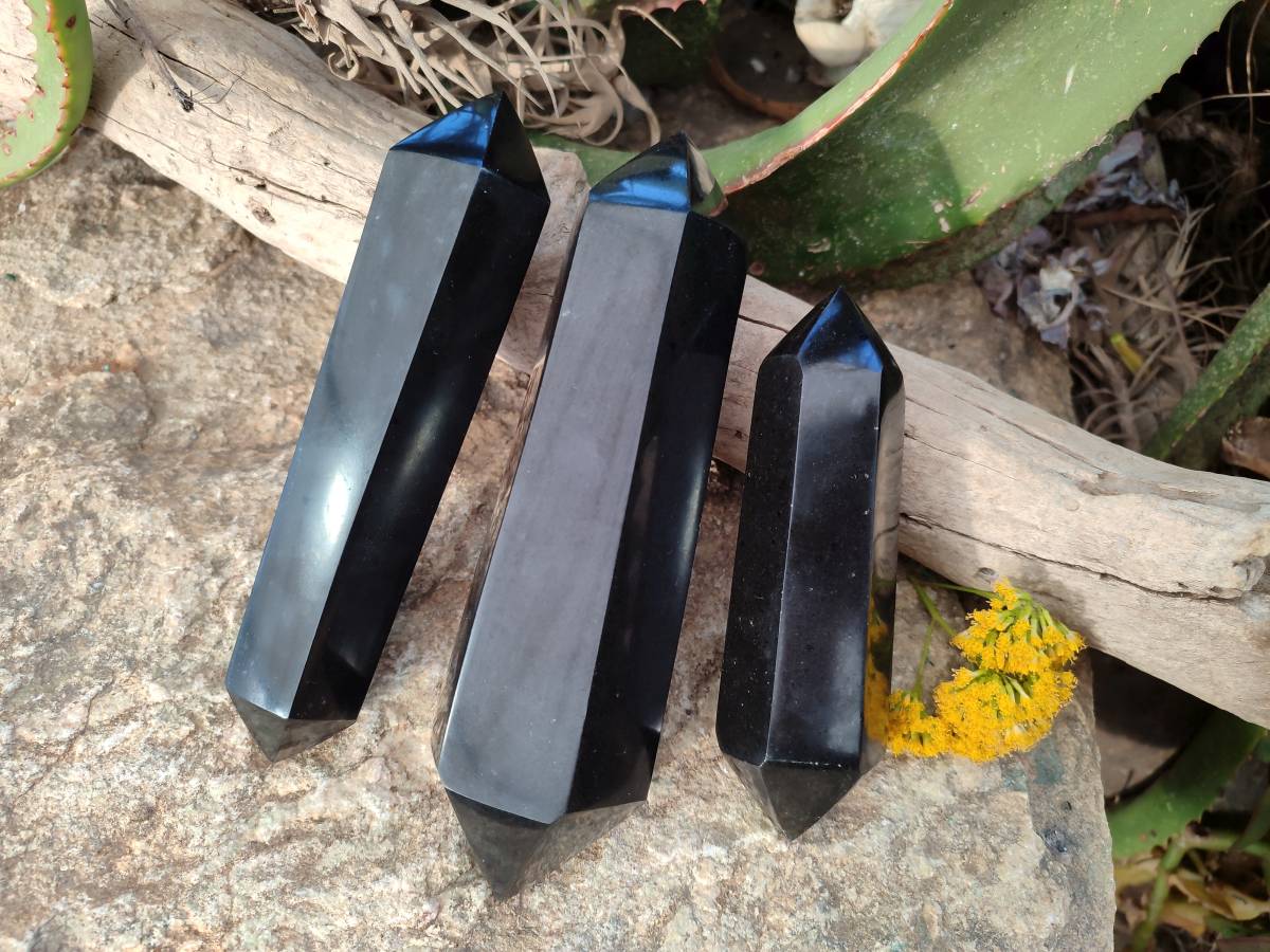 Polished Double Terminated Black Basalt Points x 3 From Madagascar - Toprock Gemstones and Minerals 