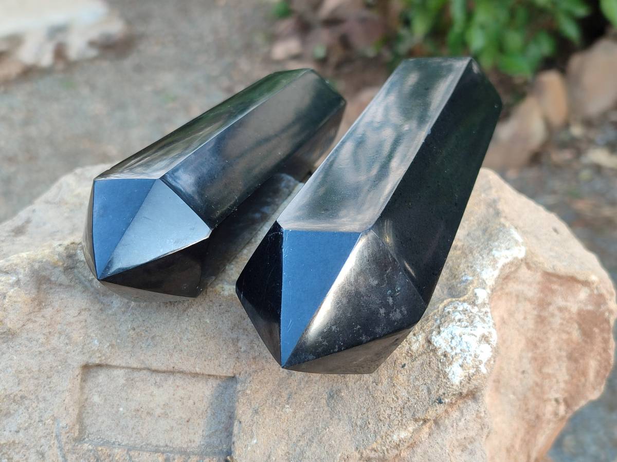Polished Double Terminated Black Basalt Points x 3 From Madagascar - Toprock Gemstones and Minerals 
