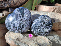 Polished Gabbro Merlinite Hearts x 2 From Ambatofinandrahana, Madagascar