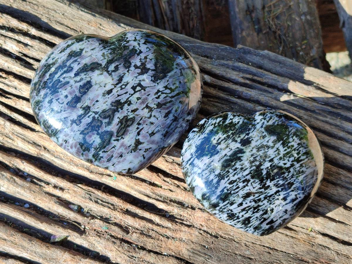 Polished Gabbro Merlinite Hearts x 2 From Ambatofinandrahana, Madagascar - Toprock Gemstones and Minerals 