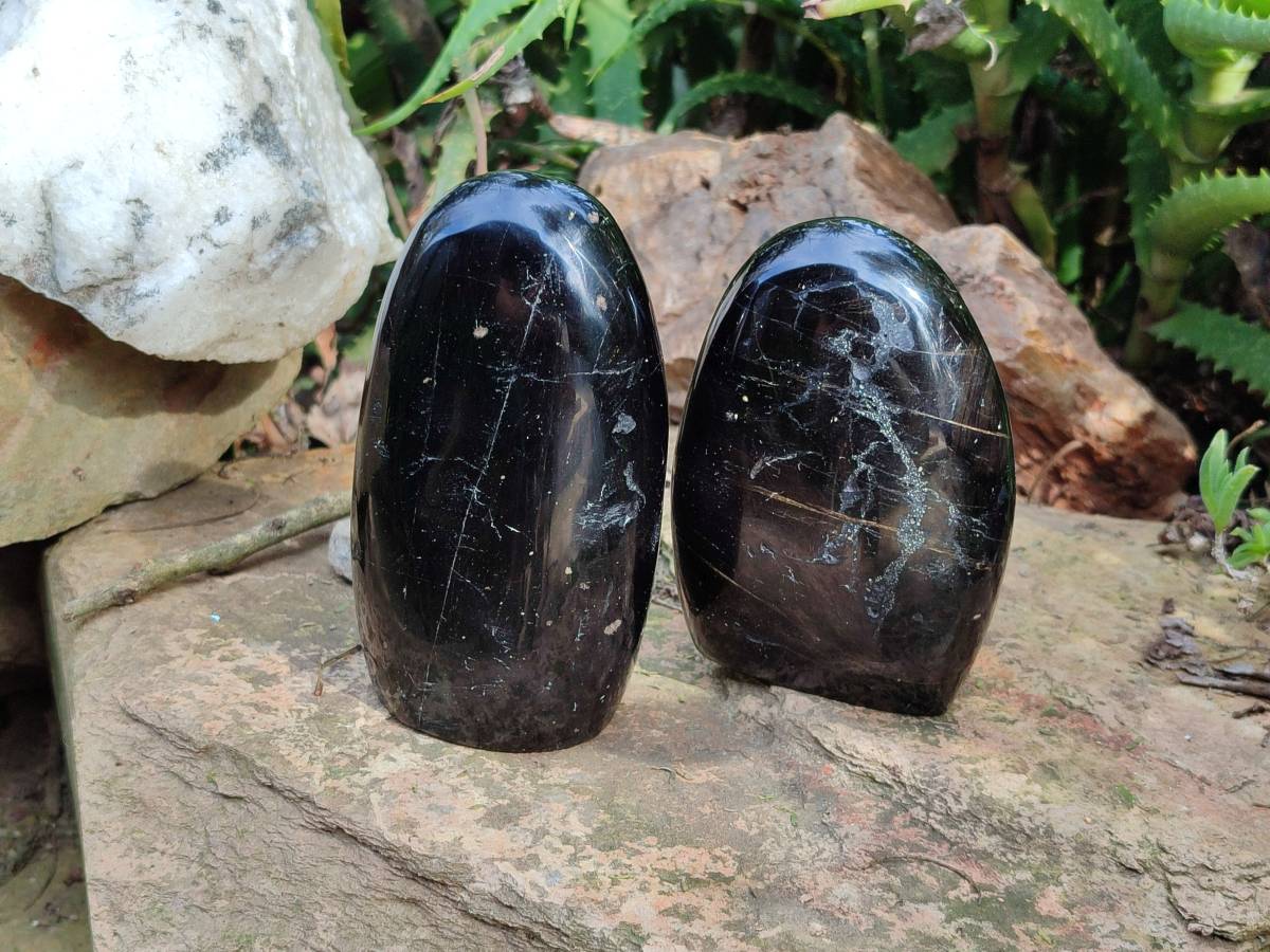 Polished Black Tourmaline Standing Free Form x 3 From Madagascar - Toprock Gemstones and Minerals 