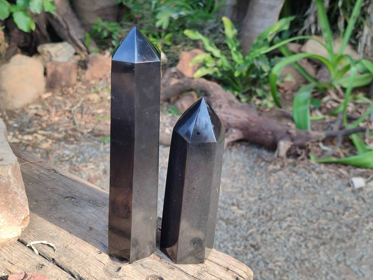 Polished Double Terminated Black Basalt Towers x 3 From Madagascar - Toprock Gemstones and Minerals 