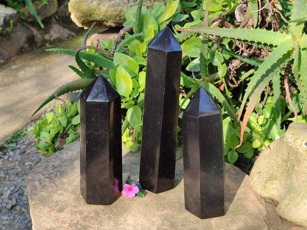 Polished Double Terminated Black Basalt Towers x 3 From Madagascar - Toprock Gemstones and Minerals 