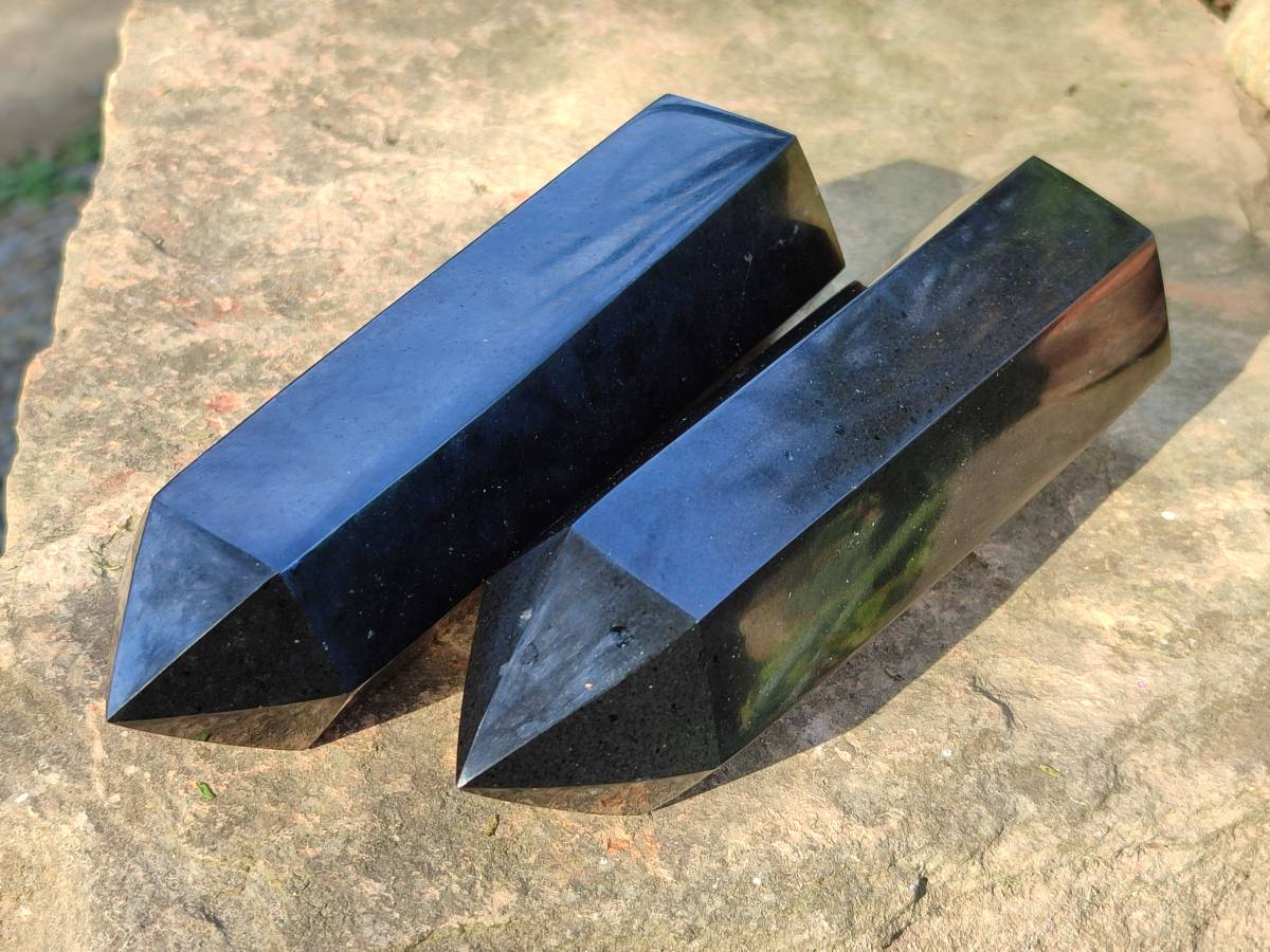 Polished Double Terminated Black Basalt Towers x 3 From Madagascar - Toprock Gemstones and Minerals 