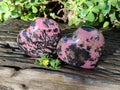 Polished Rhodonite Gemstone Hearts x 2 From Ambindavato, Madagascar - Toprock Gemstones and Minerals 