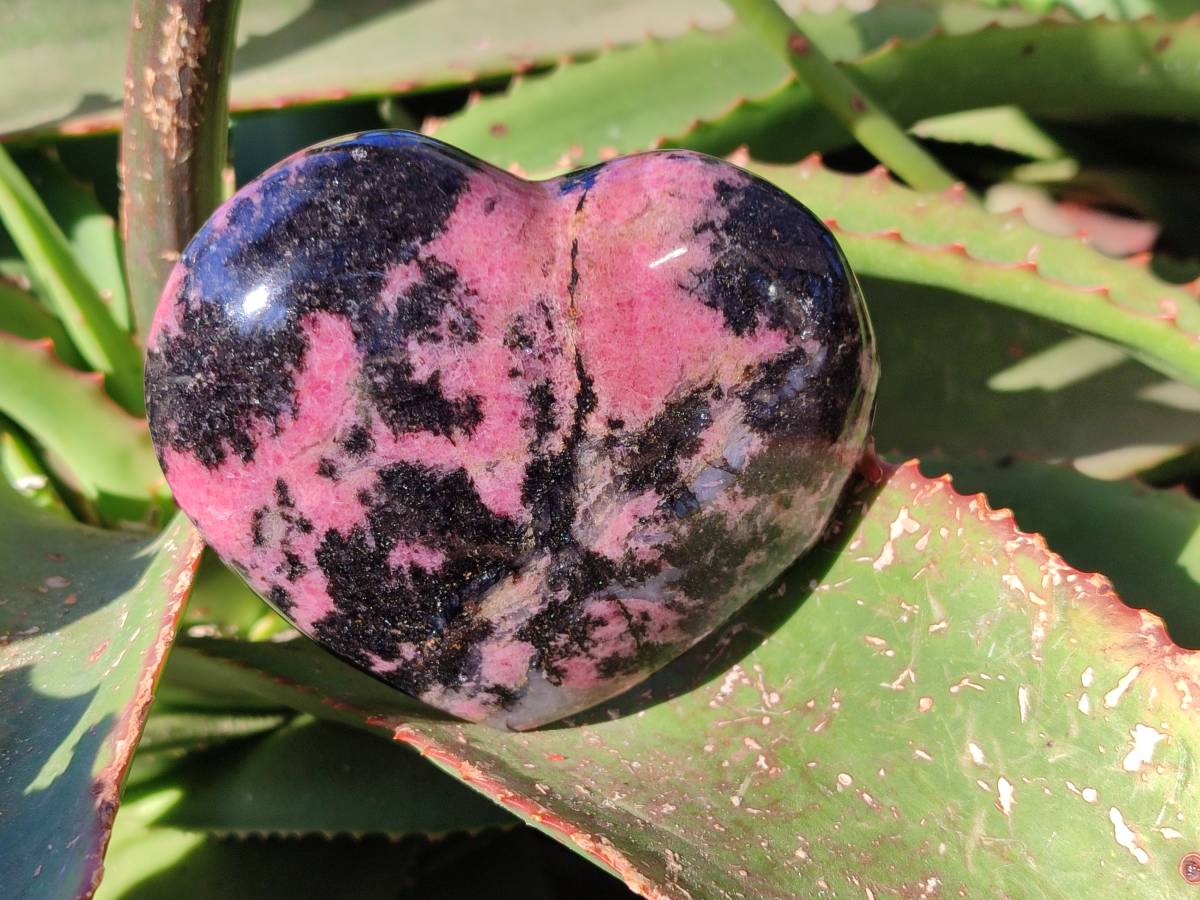 Polished Rhodonite Gemstone Hearts x 2 From Ambindavato, Madagascar - Toprock Gemstones and Minerals 