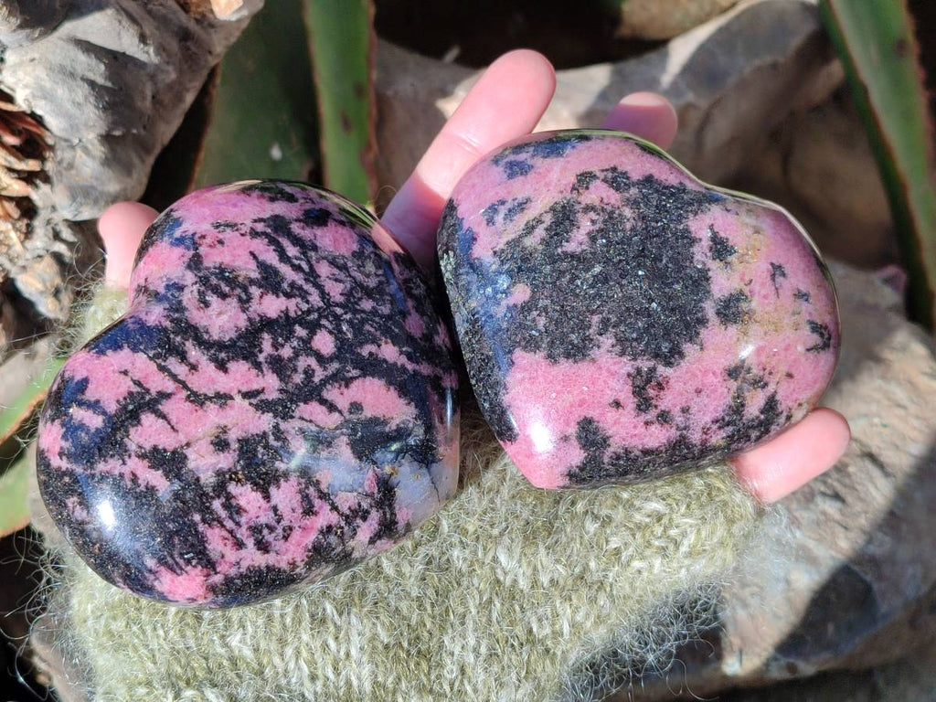 Polished Rhodonite Gemstone Hearts x 2 From Ambindavato, Madagascar - Toprock Gemstones and Minerals 