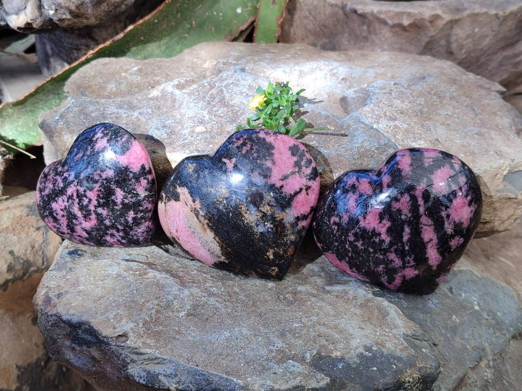 Polished Rhodonite Gemstone Hearts x 3 From Ambindavato, Madagascar - Toprock Gemstones and Minerals 