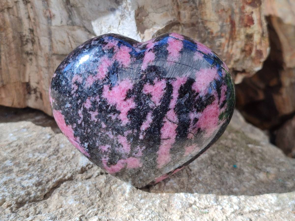 Polished Rhodonite Gemstone Hearts x 3 From Ambindavato, Madagascar - Toprock Gemstones and Minerals 