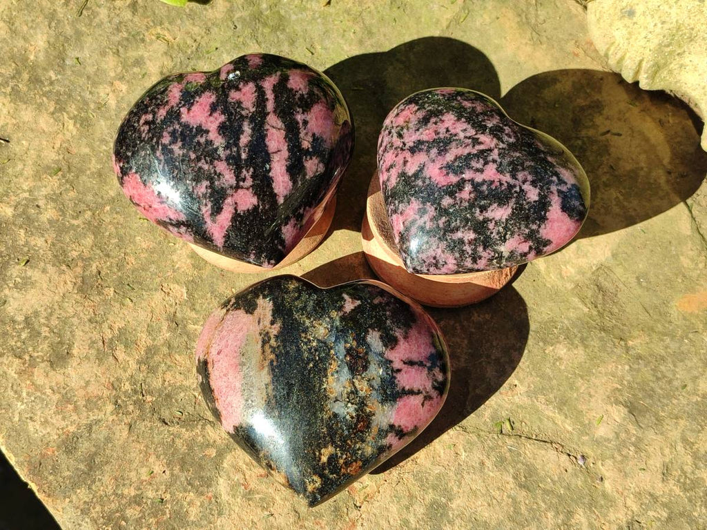 Polished Rhodonite Gemstone Hearts x 3 From Ambindavato, Madagascar - Toprock Gemstones and Minerals 