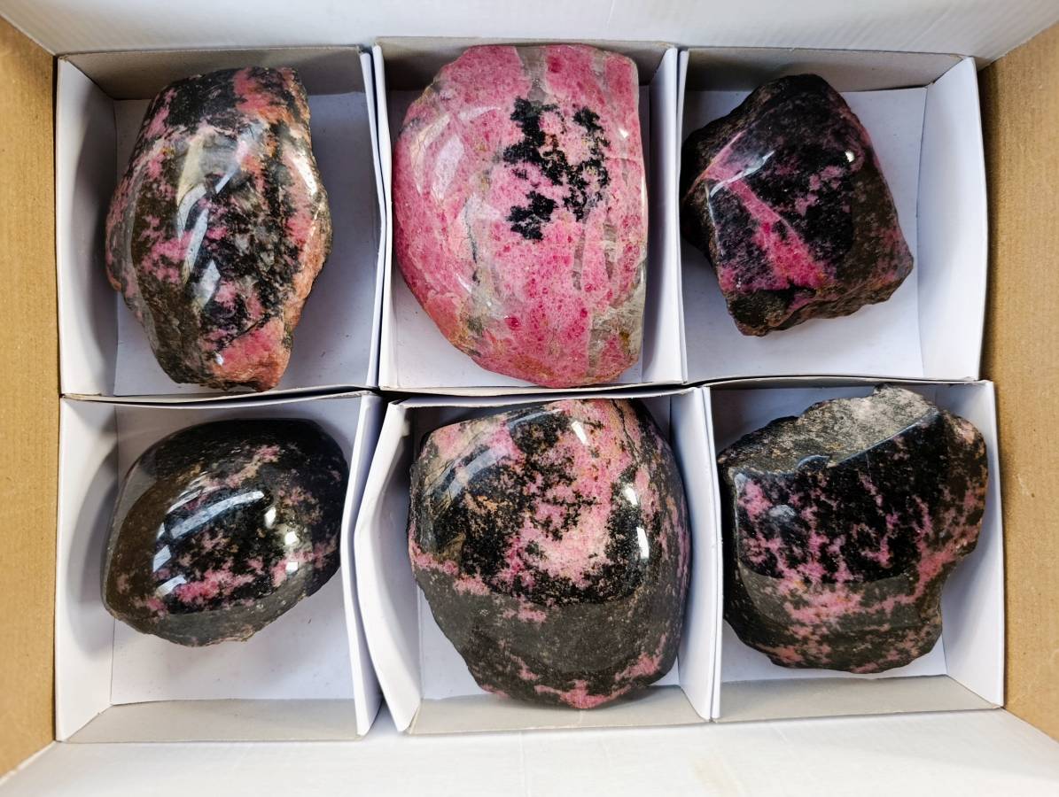 Polished On One Side Rhodonite x 6 from Madagascar - Toprock Gemstones and Minerals 
