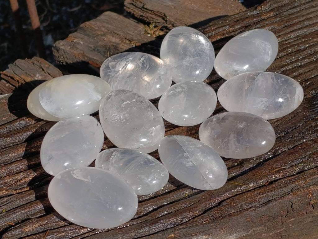 Polished Large Pearl Girasol Quartz Palm Stones x 12 From Ambatondrazaka, Madagascar - Toprock Gemstones and Minerals 