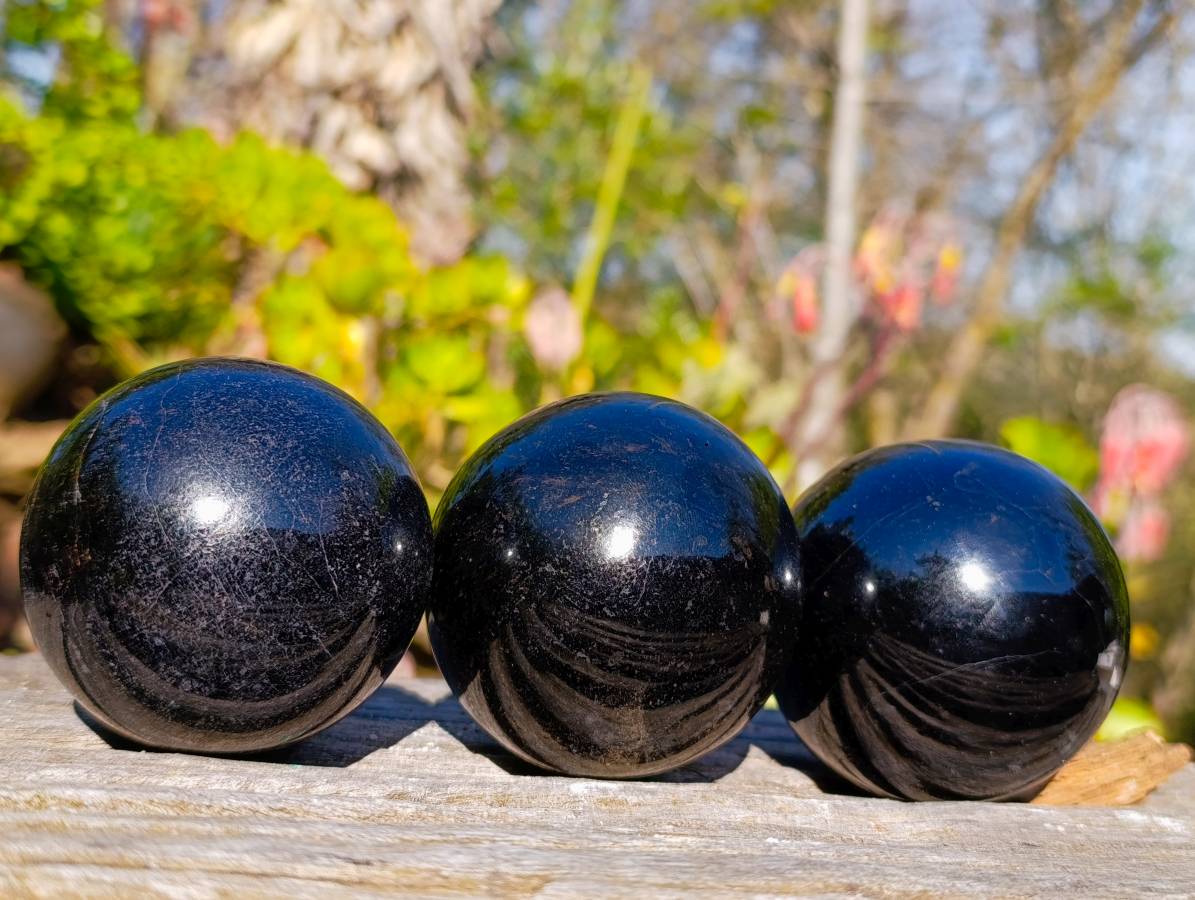 Polished Black Tourmaline Spheres x 3 From Madagascar - Toprock Gemstones and Minerals 