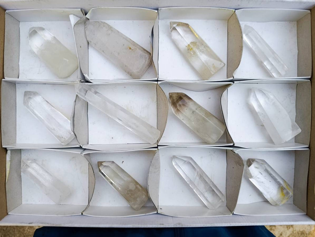 Polished Clear and Smokey Quartz Crystals with Rainbow Veils and Phantoms x 12 From Madagascar - Toprock Gemstones and Minerals 