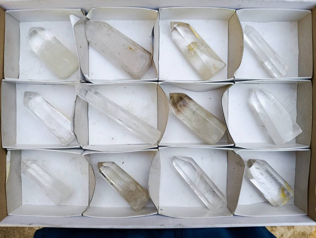 Polished Clear and Smokey Quartz Crystals with Rainbow Veils and Phantoms x 12 From Madagascar - Toprock Gemstones and Minerals 