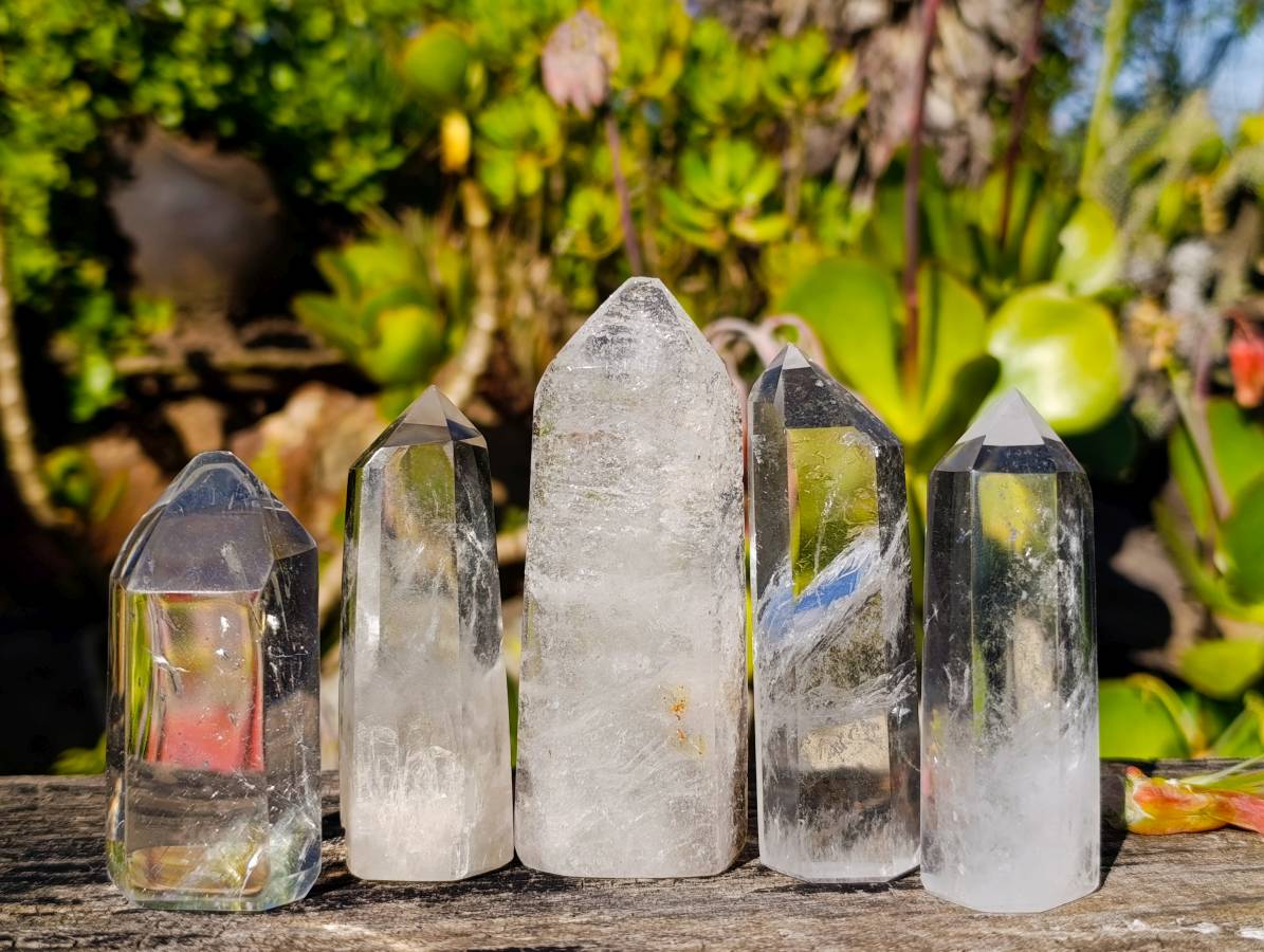 Polished Clear and Smokey Quartz Crystals with Rainbow Veils and Phantoms x 12 From Madagascar - Toprock Gemstones and Minerals 