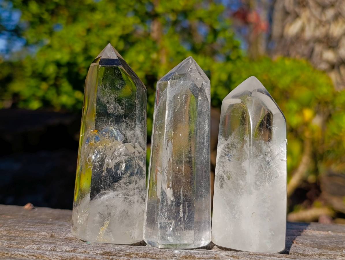 Polished Clear and Smokey Quartz Crystals with Rainbow Veils and Phantoms x 12 From Madagascar - Toprock Gemstones and Minerals 