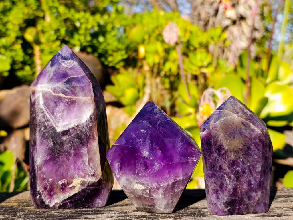 Polished Chevron Amethyst Points x 3 From Zambia - Toprock Gemstones and Minerals 