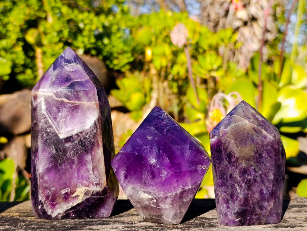 Polished Chevron Amethyst Points x 3 From Zambia - Toprock Gemstones and Minerals 