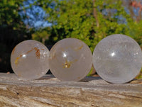 Polished Clear Quartz Crystal Balls with Rainbow Veils x 3 From Madagascar - Toprock Gemstones and Minerals 