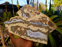 Polished On One Side Extra Large 'Crazy' Blue Lace Agate Slices x 2 From Namibia