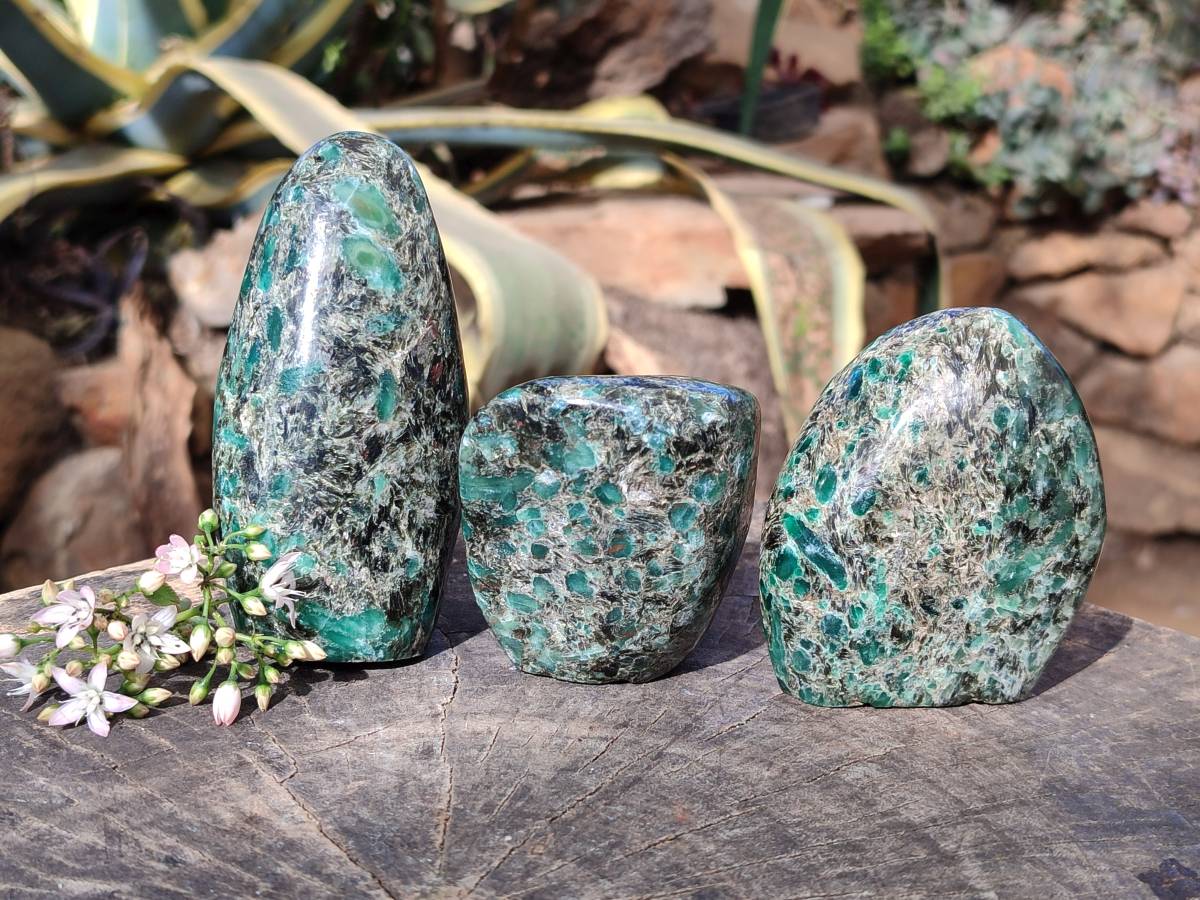 Polished Emerald Mica 'Mutokolite' Standing Free Forms x 3 From Mutoko, Zimbabwe - Toprock Gemstones and Minerals 
