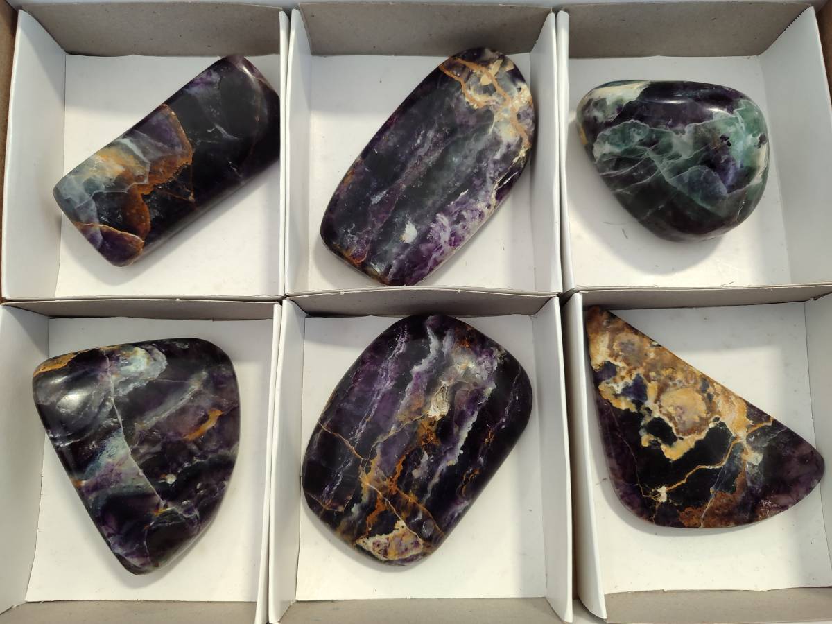Polished Watermelon Fluorite Free Forms x 6 From Uis, Namibia - Toprock Gemstones and Minerals 