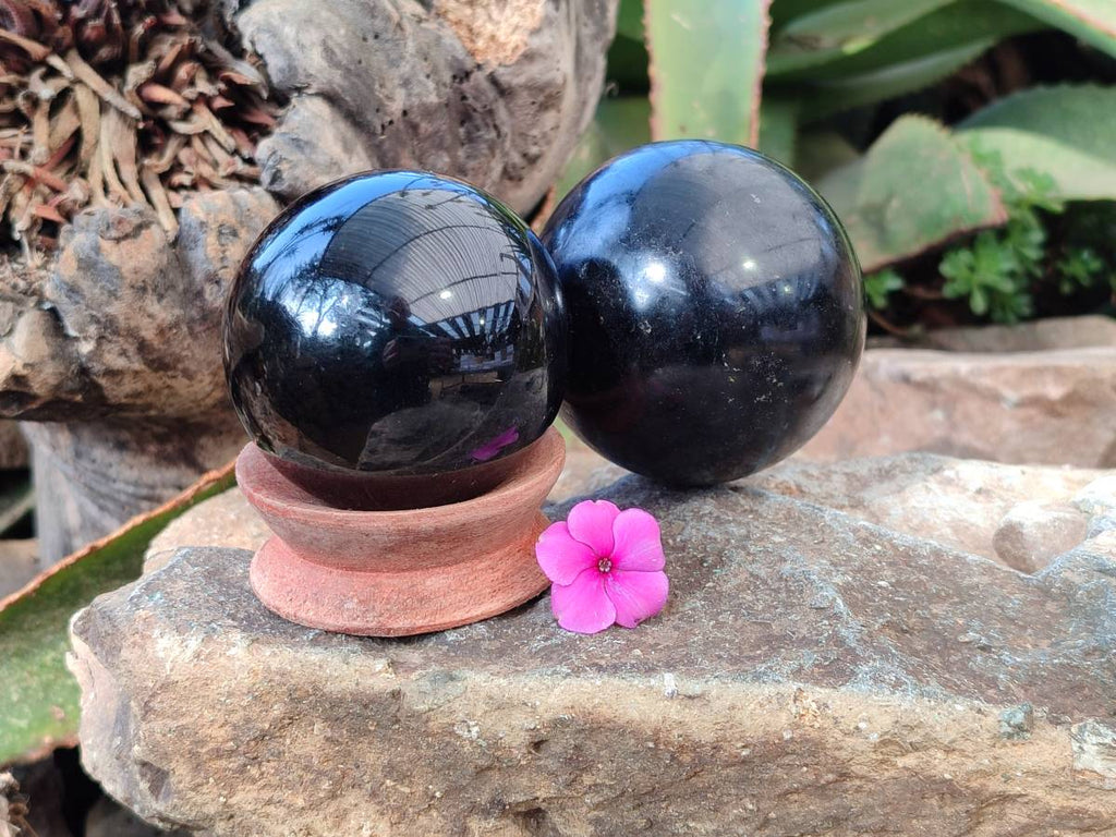 Polished Black Tourmaline Spheres x 2 From Madagascar - Toprock Gemstones and Minerals 