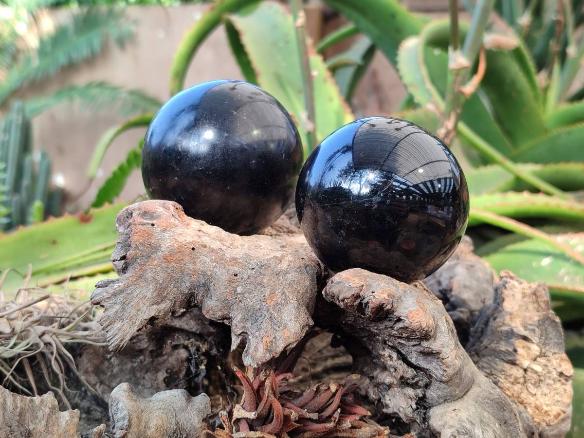Polished Black Tourmaline Spheres x 2 From Madagascar - Toprock Gemstones and Minerals 