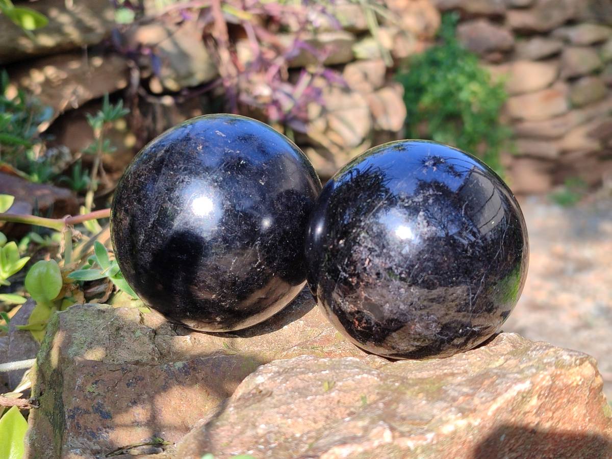 Polished Black Tourmaline Spheres x 2 From Madagascar - Toprock Gemstones and Minerals 