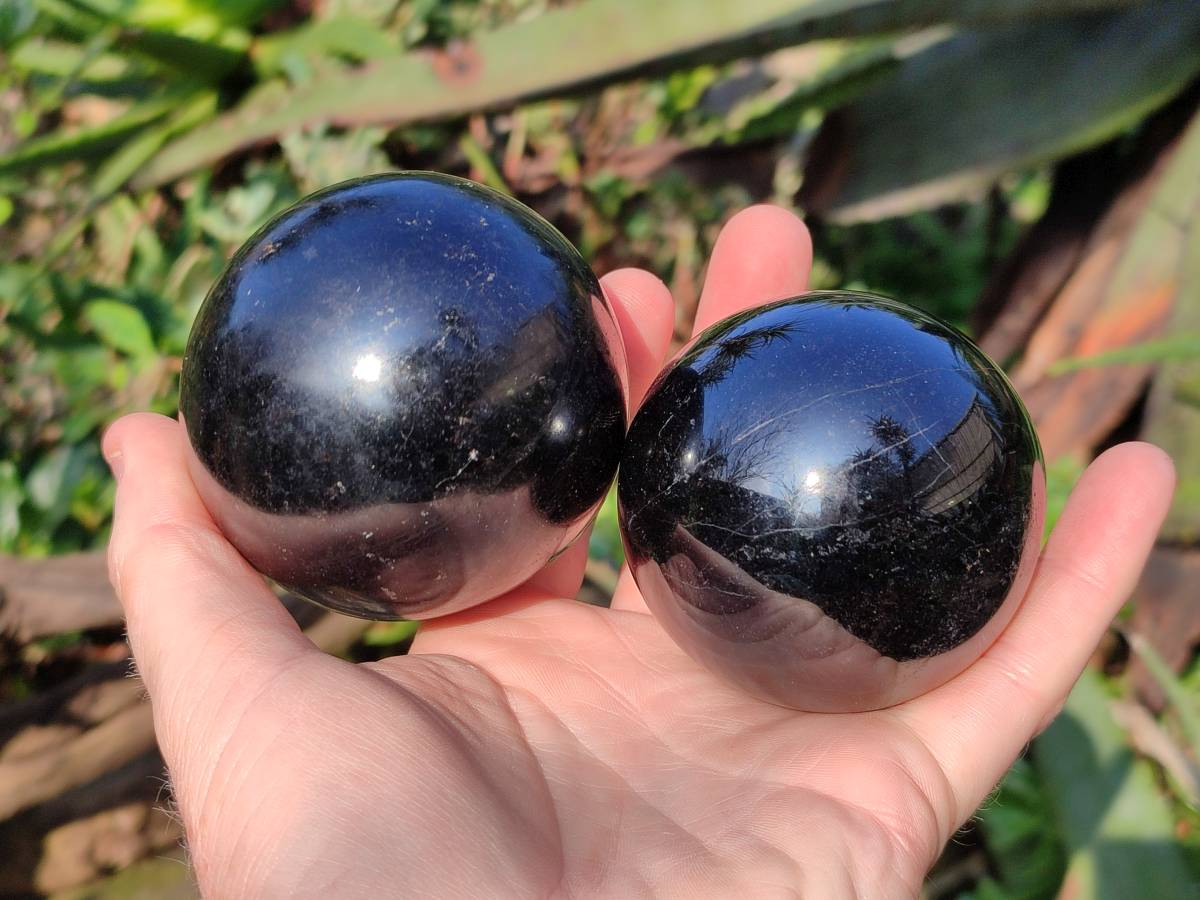 Polished Black Tourmaline Spheres x 2 From Madagascar - Toprock Gemstones and Minerals 